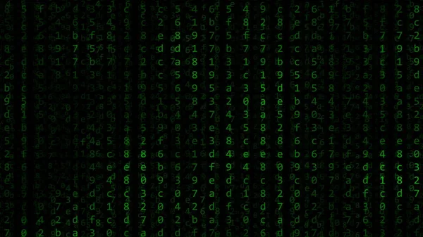 Grüne Hexadezimalsymbole, die gegen den schwarzen Computerbildschirm blinken. Programmierung, Hacking oder Computertechnologie bezogenen Hintergrund. 3D-Darstellung — Stockfoto