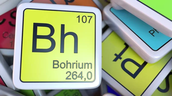 Bohrium Bh blocco sul mucchio di tavola periodica dei blocchi di elementi chimici. Rendering 3D — Foto Stock