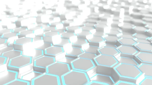 Fondo futurista de plata y prismas hexagonales azules, renderizado en 3D —  Fotos de Stock
