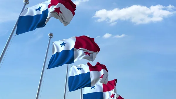Více vlající vlajky Panamy proti modré obloze. 3D vykreslování — Stock fotografie