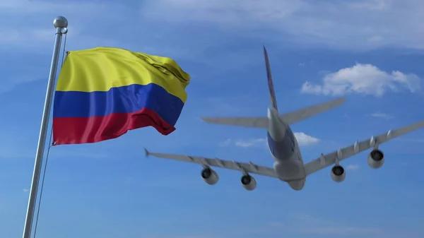 Avião voando sobre a bandeira acenando da Colômbia. Renderização 3D — Fotografia de Stock