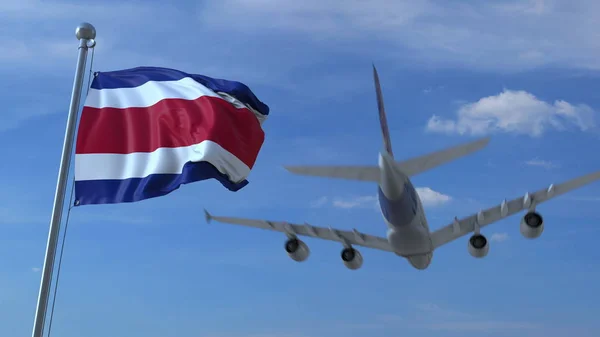 Flugzeug über schwenkender Flagge Costa Ricas. 3D-Darstellung — Stockfoto