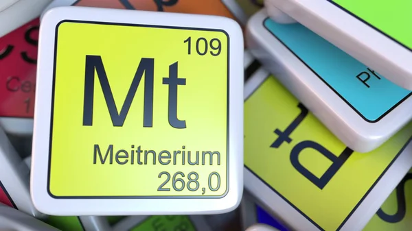 Meitnerium Mt bloque en la pila de tabla periódica de los bloques de elementos químicos. Renderizado 3D — Foto de Stock