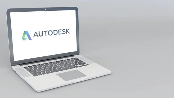 Portátil de apertura y cierre con logotipo de Autodesk. Renderizado 3D editorial 4K — Foto de Stock