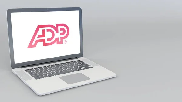Açılış ve kapanış otomatik veri işleme logolu dizüstü bilgisayar. 4k editoryal 3d render — Stok fotoğraf