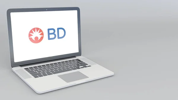 Ανοίγματος και κλεισίματος το laptop με το λογότυπο της εταιρείας Becton Dickinson. 4k συντακτική 3d rendering — Φωτογραφία Αρχείου