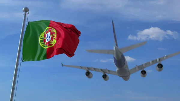 Flugzeug über schwenkender portugiesischer Flagge. 3D-Darstellung — Stockfoto