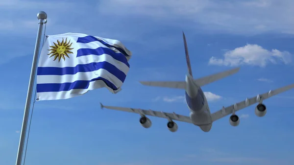 Aereo che sorvola la bandiera sventolante dell'Uruguay. Rendering 3D — Foto Stock