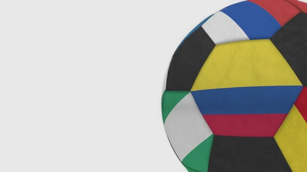 Balón de fútbol con diferentes selecciones nacionales acentos bandera de Colombia. Renderizado 3D — Foto de Stock