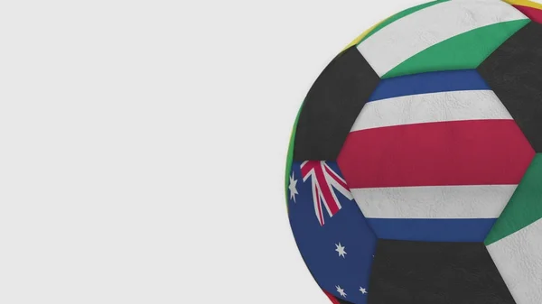 Fussball mit verschiedenen nationalmannschaften akzente flagge von costa rica. 3D-Darstellung — Stockfoto
