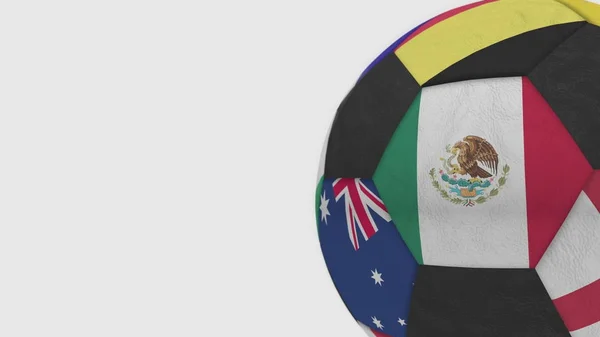 Balón de fútbol con diferentes selecciones nacionales acentos bandera de México. Renderizado 3D — Foto de Stock
