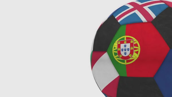 Bola de futebol com diferentes equipas nacionais acentos bandeira de Portugal. Renderização 3D — Fotografia de Stock