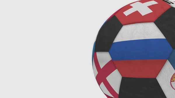 Pelota de fútbol con diferentes equipos nacionales acentos bandera de Rusia. Renderizado 3D — Foto de Stock