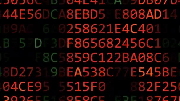 Aufschlussreiches Hacking-Wort aus blinkenden Hexadezimalsymbolen auf dem Computerbildschirm — Stockvideo