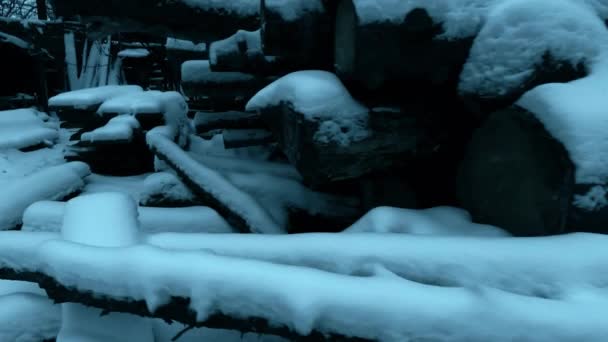 Suministro de madera cubierta de nieve en aserradero. Steadicam tiro — Vídeos de Stock