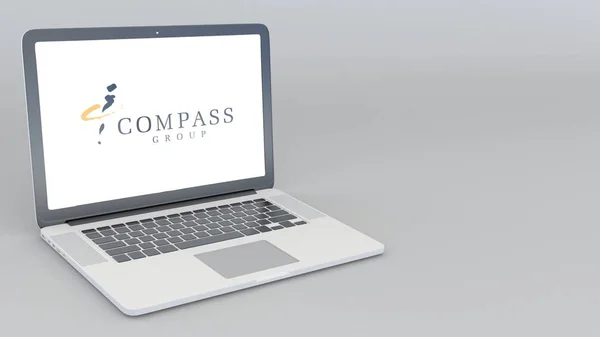 Відкриття та закриття ноутбук з логотипом компас Група. 4 к редакційної 3d-рендерінг — стокове фото