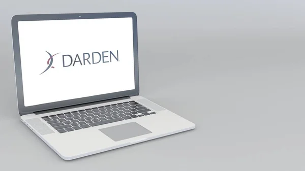 Portatile di apertura e chiusura con logo Darden Restaurants. Rendering 3D editoriale 4K — Foto Stock