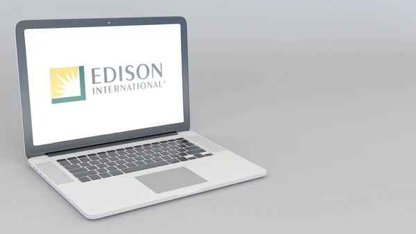 Openen en sluiten van laptop met Edison internationale logo. 4k redactionele 3D-rendering — Stockfoto