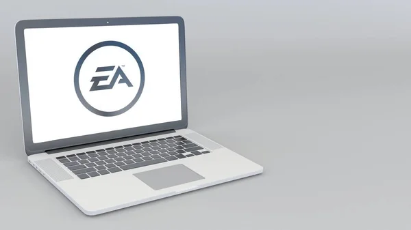 Otwieranie i zamykanie laptopa z logo Electronic Arts. 4k redakcji renderowania 3d — Zdjęcie stockowe