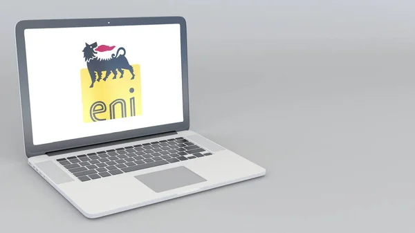 Відкриття та закриття ноутбук з Eni логотип. 4 к редакційної 3d-рендерінг — стокове фото