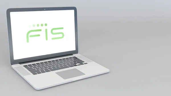 Computer portatile di apertura e chiusura con logo Fis. Rendering 3D editoriale 4K — Foto Stock