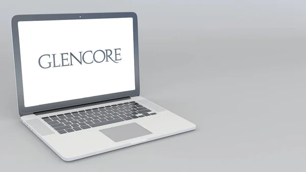 Nyitó és záró laptop Glencore logóval. 4k szerkesztői 3d-leképezés — Stock Fotó