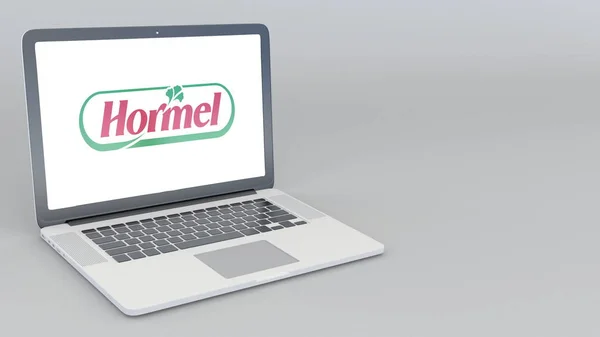 Opening and closing laptop with Hormel logo. 4K editorial 3D rendering — Stock Photo, Image