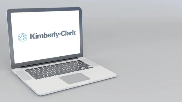 Openen en sluiten van laptop met Kimberly Clark logo. 4k redactionele 3D-rendering — Stockfoto
