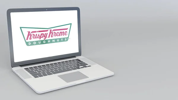 Openen en sluiten van laptop met Krispy Kreme logo. 4k redactionele 3D-rendering — Stockfoto