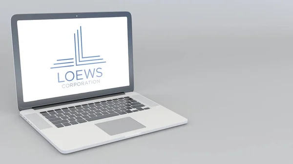 Açılış ve kapanış Loews Corporation logolu dizüstü bilgisayar. 4k editoryal 3d render — Stok fotoğraf
