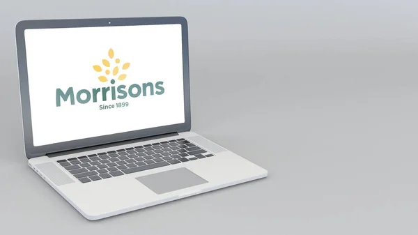 Abrir e fechar laptop com logotipo Morrisons. Renderização 3D editorial 4K — Fotografia de Stock