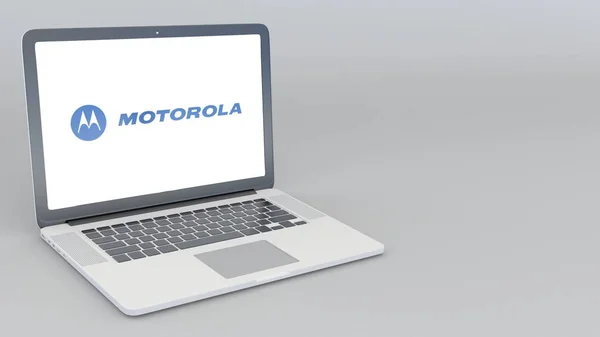 Opening and closing laptop with Motorola logo. 4K editorial 3D rendering — Stock Photo, Image