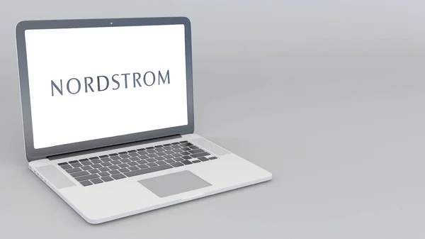 Відкриття та закриття ноутбук з Нордстрем логотип. 4 к редакційної 3d-рендерінг — стокове фото