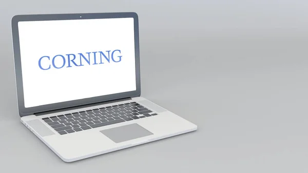 Opening and closing laptop with Corning Inc logo. 4K editorial 3D rendering Stock Picture