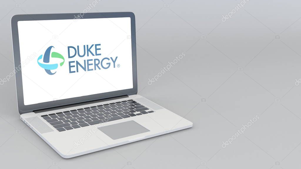 Opening and closing laptop with Duke Energy logo. 4K editorial 3D