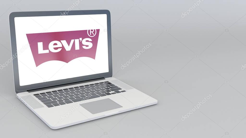 Opening and closing laptop with Levi Strauss Co logo. 4K editorial 3D