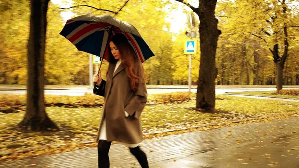 Gyönyörű fiatal nőt walking esernyő mentén őszi alley, egy esős napon — Stock Fotó