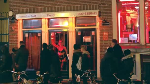 Amsterdam, Nederländerna - 27 December 2017. Turister vandrar av prostituerade rum i berömda red light district De Wallen — Stockvideo