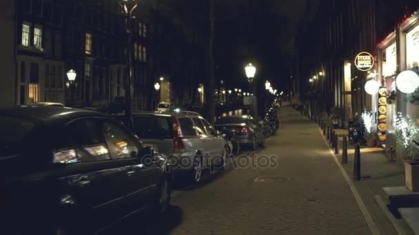 Amsterdam, Nederland - 26 December 2017. POV wandeling langs de kade van het kanaal in de avond — Stockvideo