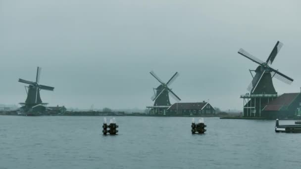 Bir yağmurlu günde Hollanda geleneksel yel değirmenleri — Stok video