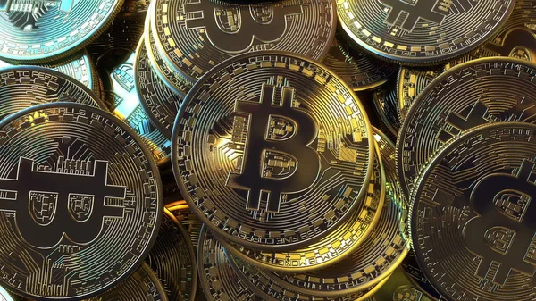 Bitcoin-Tokens stapeln sich in Großaufnahme. 3D-Darstellung — Stockfoto