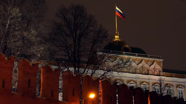 Ondeando la bandera de Rusia sobre el Kremlin de Moscú por la noche — Vídeos de Stock