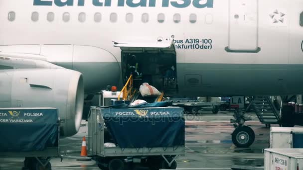 WARSAW, POLAND - DECEMBER 25, 2017. Loading mail onto the Lufthansa airplane at the Chopin international airport — Stock Video
