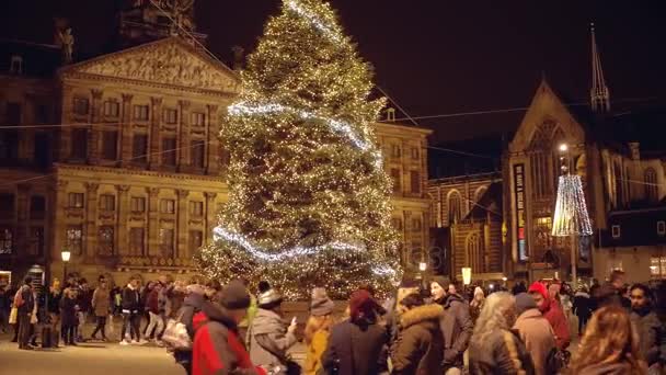 Amsterdam, Nizozemsko - 28 prosinec 2017. Přeplněný vyzdobené náměstí Dam, královský palác a Nieuwe Kerk večer — Stock video