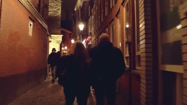 AMESTERDÃO, PAÍSES BAIXOS - 28 DE DEZEMBRO DE 2017. Casal caminhando ao longo da rua estreita à noite — Vídeo de Stock