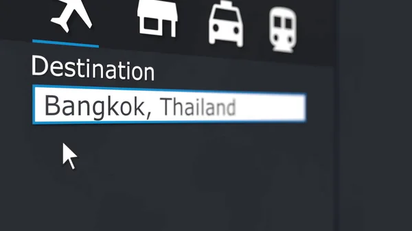 ऑनलाइन बैंकाक के लिए हवाई जहाज टिकट खरीदना। थाईलैंड यात्रा अवधारणा 3 डी रेंडरिंग — स्टॉक फ़ोटो, इमेज