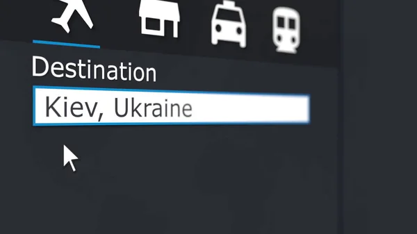 Vliegtuig ticket naar Kiev online kopen. Reizen naar Oekraïne conceptuele 3D-rendering — Stockfoto