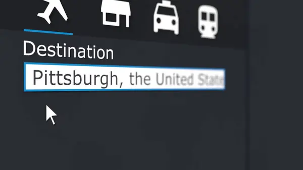 Comprar bilhete de avião para Pittsburgh online. Viajar para os Estados Unidos renderização 3D conceitual — Fotografia de Stock