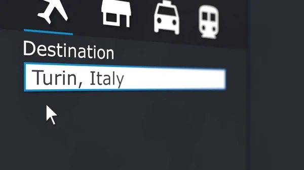 Покупаю билет на самолет до Турина онлайн. Путешествие в Италию концептуального 3D рендеринга — стоковое фото