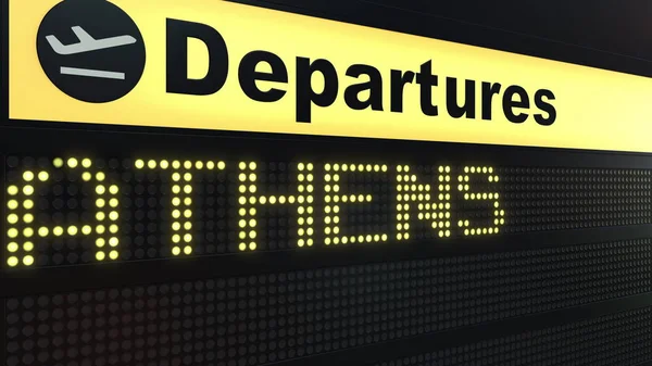 Járat athéni nemzetközi repülőtér-indulások táblán. Utazás Görögországba fogalmi 3d-leképezés — Stock Fotó